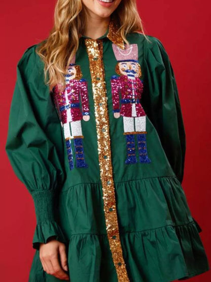Full Size Christmas Sequin Nutcracker Tiered Shirt Dress Plus Size Green