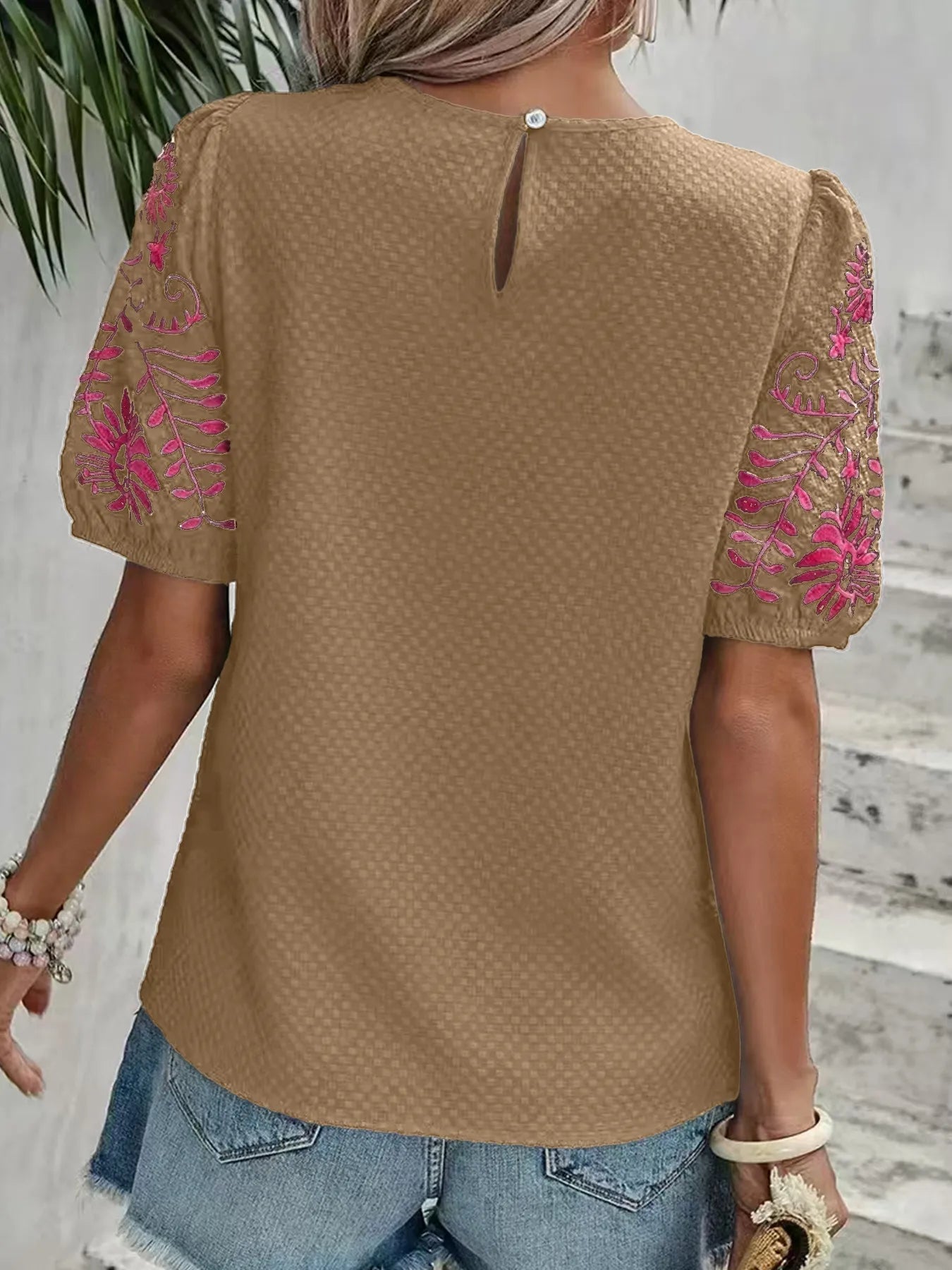 Embroidered Floral Sleeve Textured Blouse