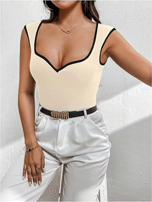 Contrast Trim Sweetheart Neck Knit Tank Apricot