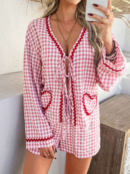 Devine Tie Front Contrast Plaid Shirt and Shorts Set