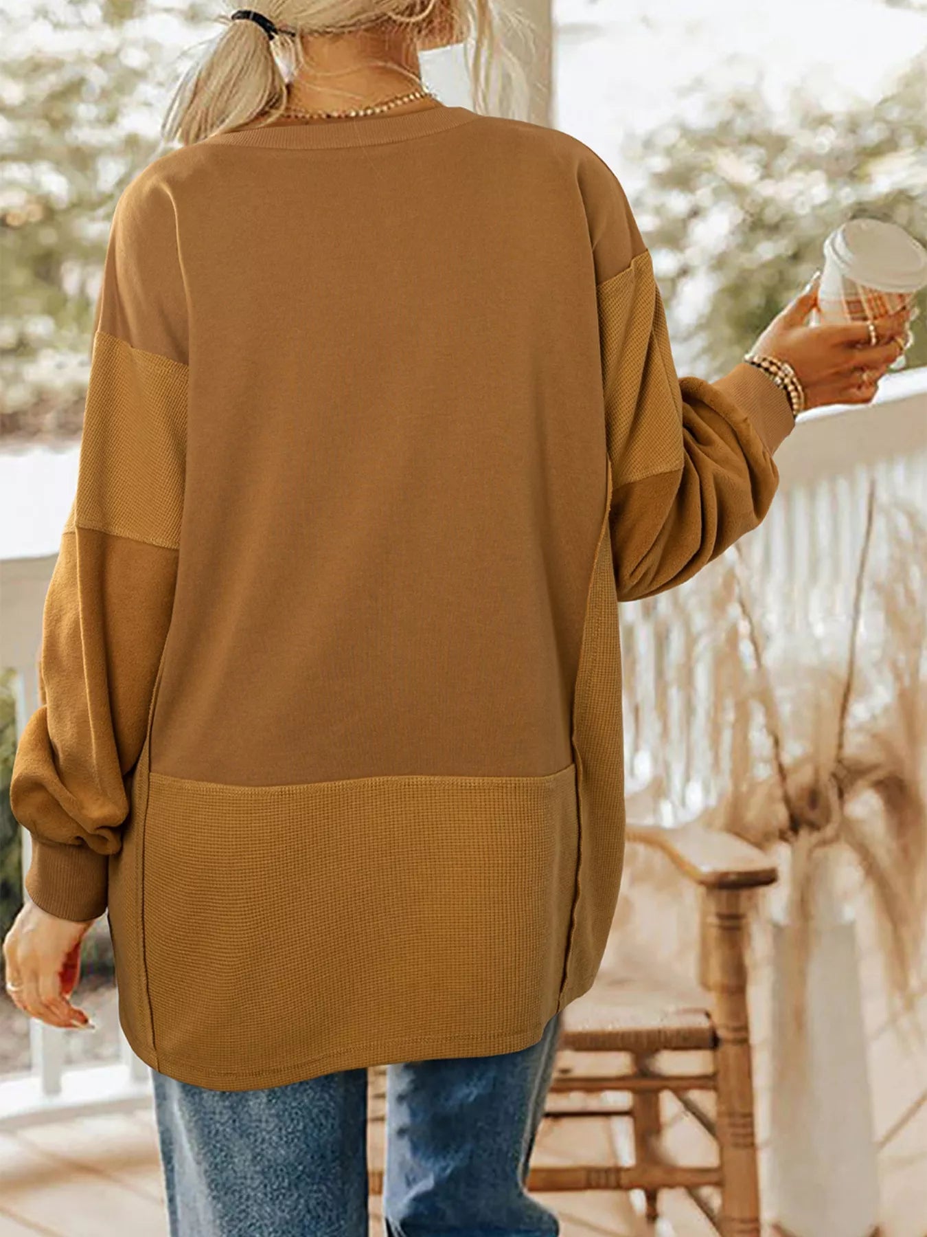 Oversized Textured Split Neck High Low Sweatshirt