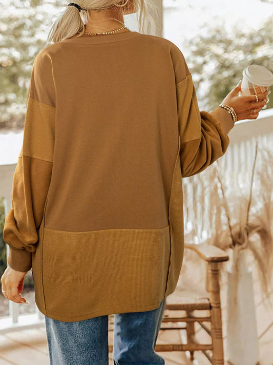 Oversized Textured Split Neck High Low Sweatshirt