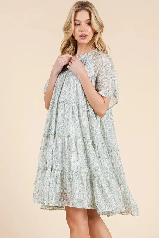 Lime 'N' Chili Ditsy Floral Print Sheer Ruffle Detail Mini Dress