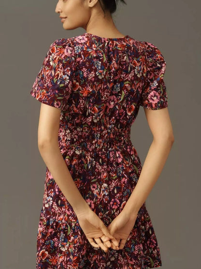 Printed Notched Short Sleeve Dress