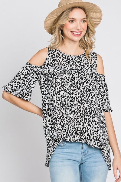 Heimish Full Size Leopard Round Neck Cold Shoulder T-Shirt Plus Size