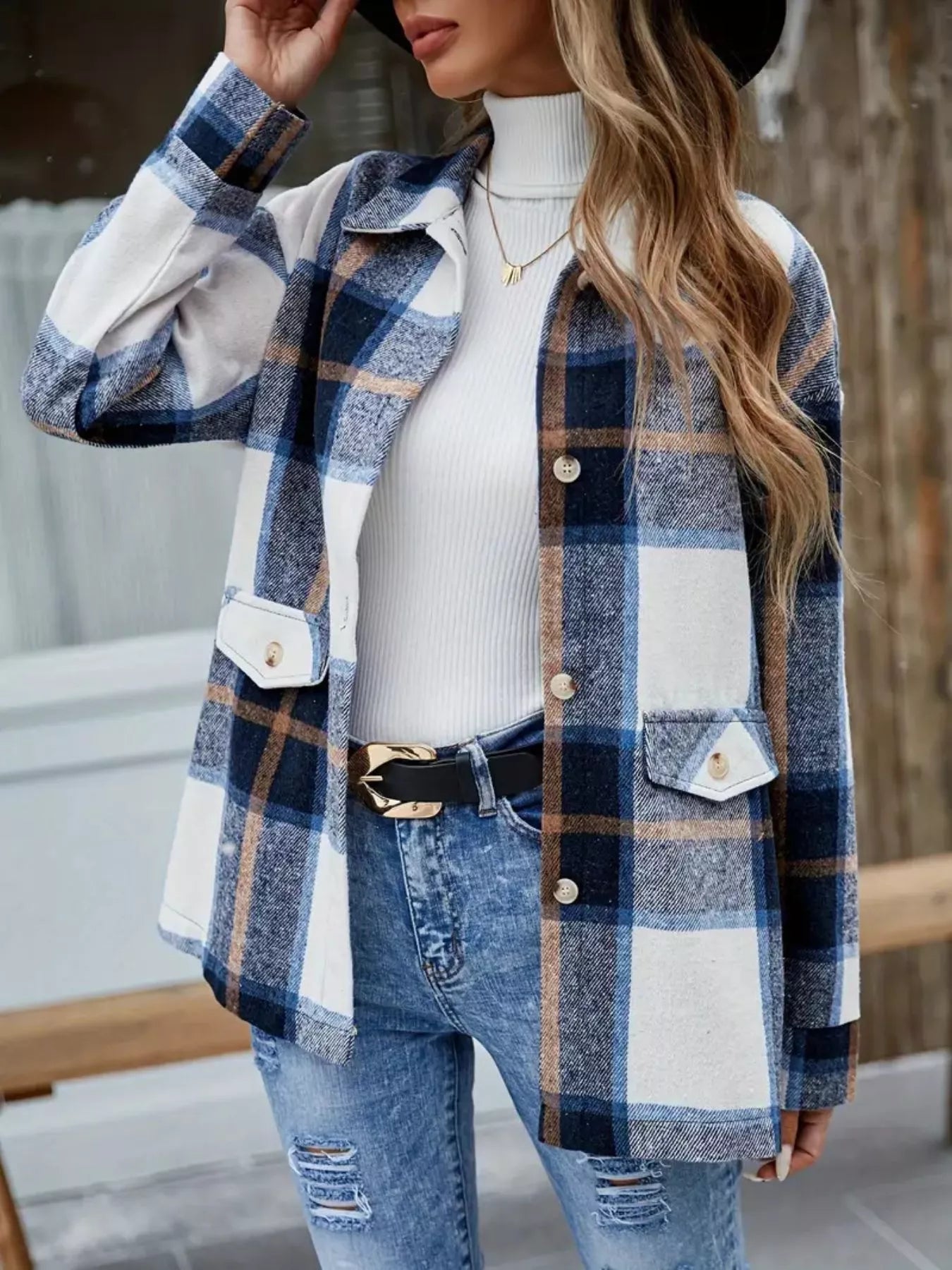 Plaid Button-Up Long Sleeve Shacket Dark Blue