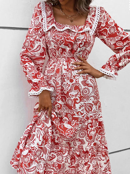 Printed Square Neck Long Sleeve Dress Deep Red