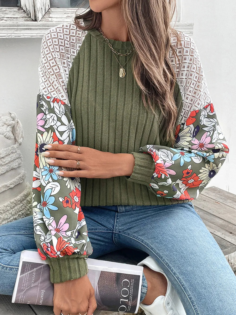 Perfee Printed Round Neck Long Sleeve Knit Top