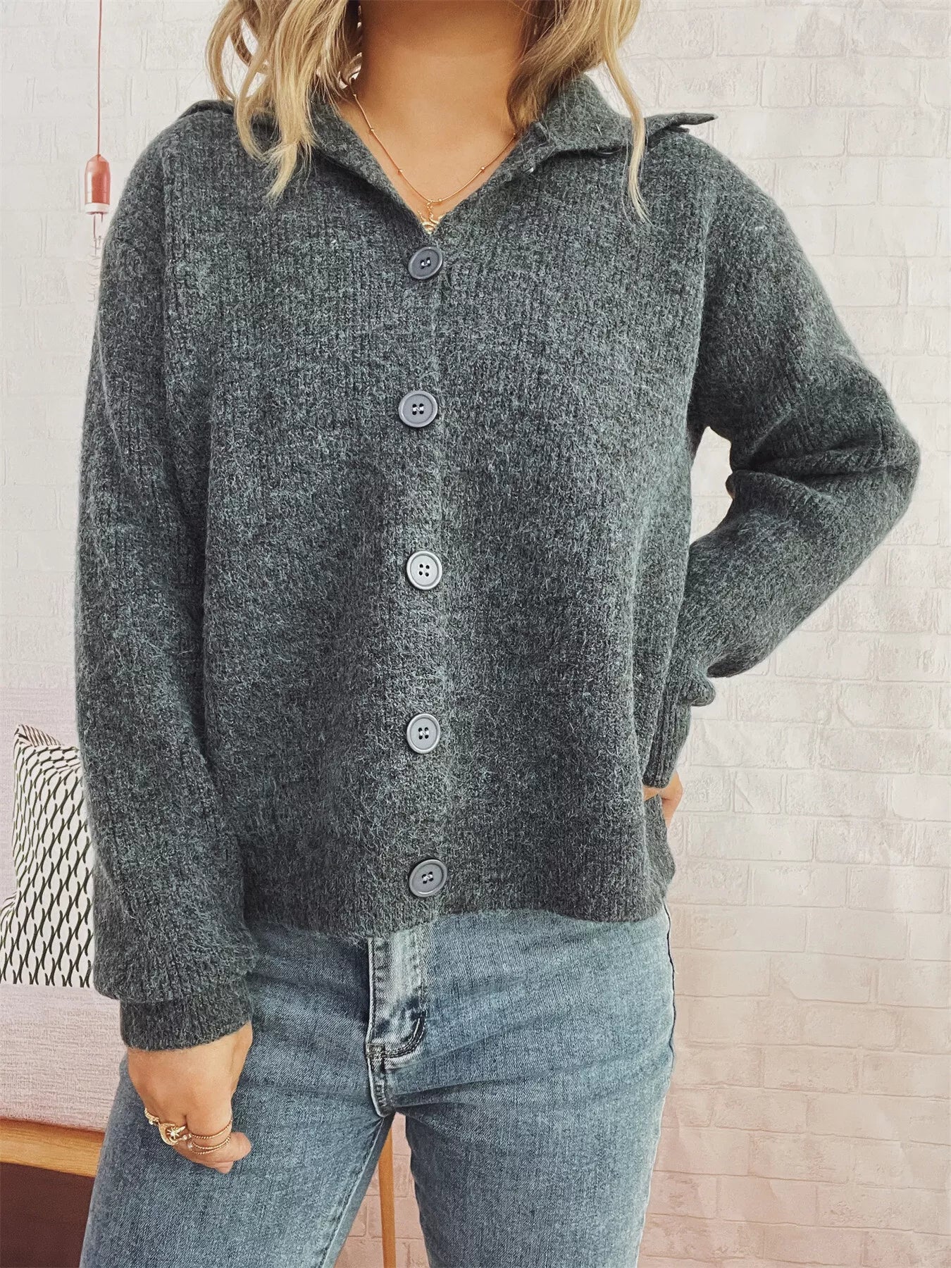 Ribbed Button-Up Cardigan Gray One Size