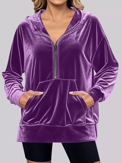 Full Size Half Zip Kangaroo Pocket Hoodie Plus Size Purple