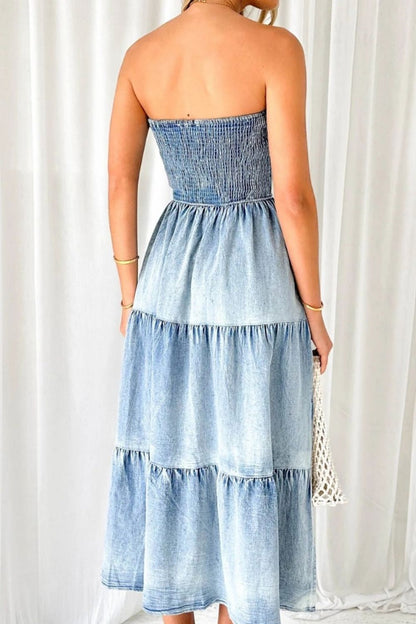 Smocked Tube Slit Tiered Denim Dress