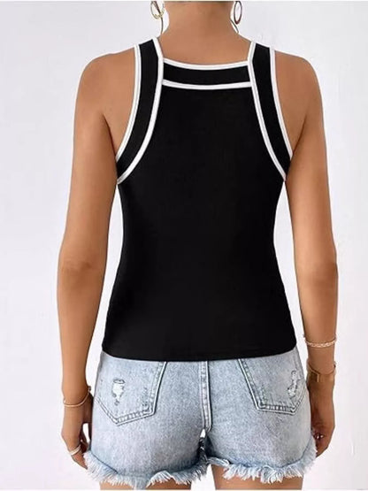 Ribbed Knit Contrast Trim Tank Top
