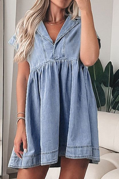 Lapel Neck Cap Sleeve Denim Babydoll Dress