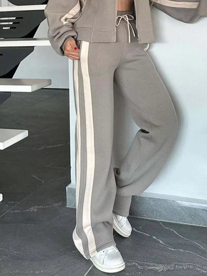 Full Size Contrast Stripe Zip Up Jacket and Pants Set Plus Size