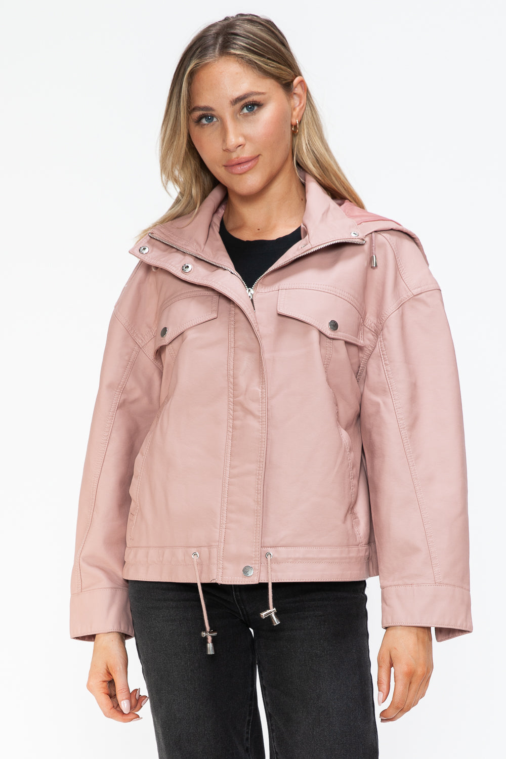 How Dare U Drawstring Hem PU Leather Zip Up Jacket Mauve