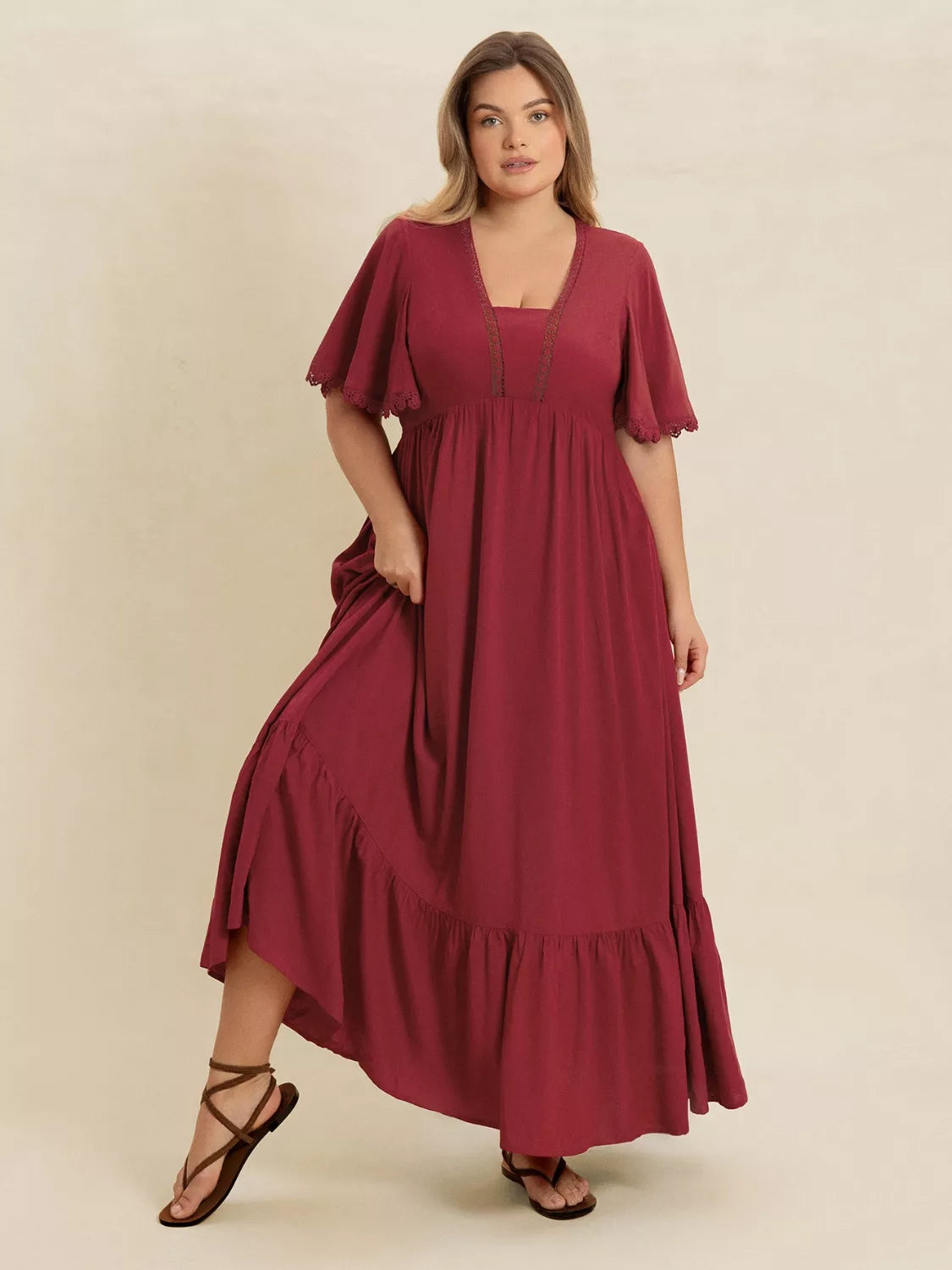Plus Size Lace Detail Flutter Sleeve Maxi Dress