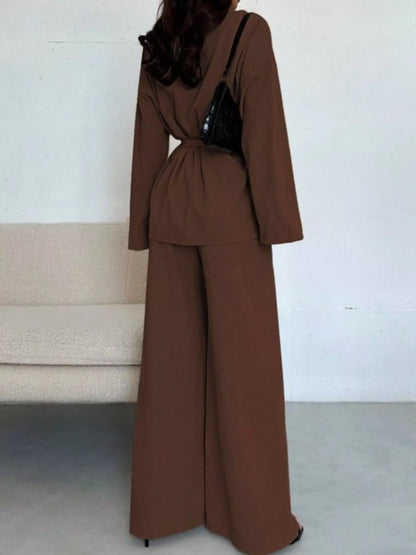 Front Tied Shirt and Wide-Leg Pants Set