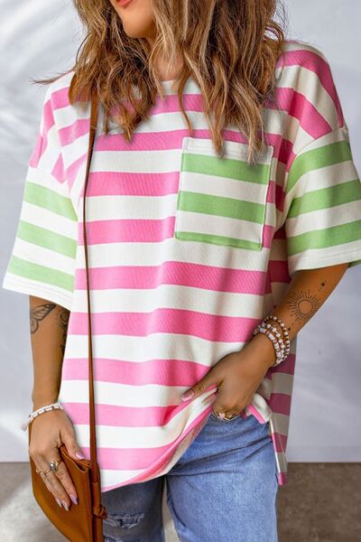 Contrast Striped Round Neck Half Sleeve T-Shirt Pink