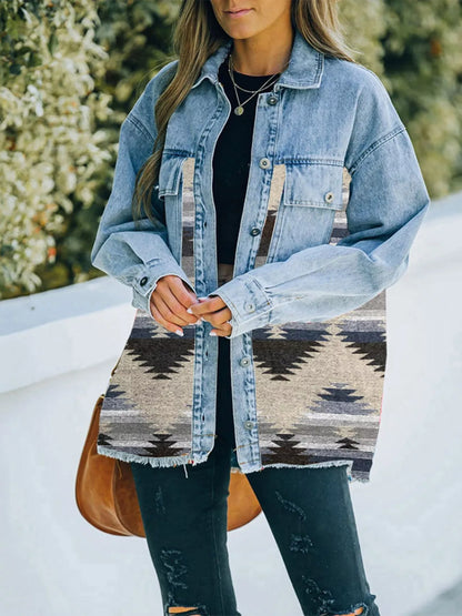 Printed Botton Down Long Sleeve Denim Jacket Gray
