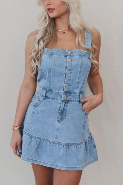 Ruffled Hem Button Front Square Neck Denim Dress