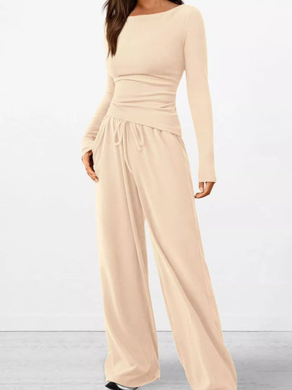 Long Sleeve Top and Wide Leg Pants Set Creamy-white