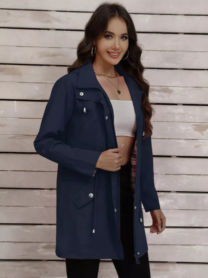 Drawstring Snap-Down Trench Coat Navy Blue