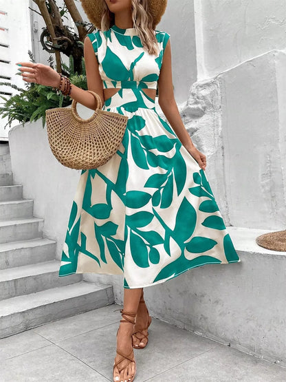 Cutout Printed Sleeveless Dress Aqua