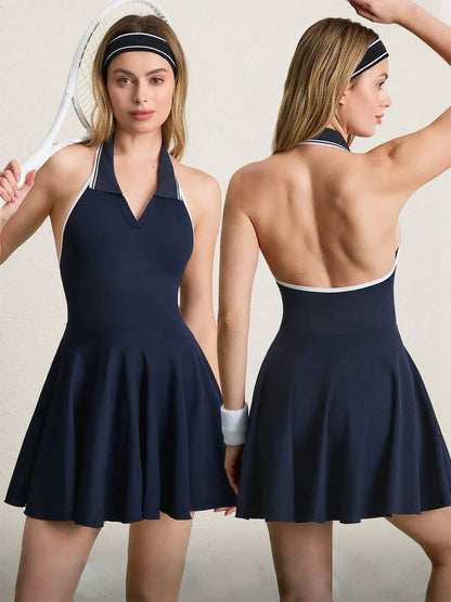 Backless Halter Neck Active Dress Dark Blue