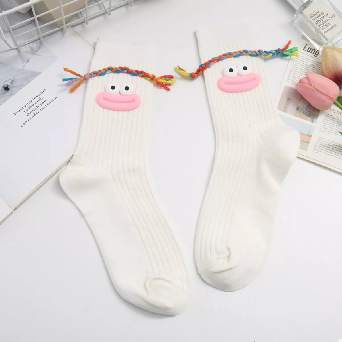 Cartoon Ribbed Knit Crew Socks White A One Size
