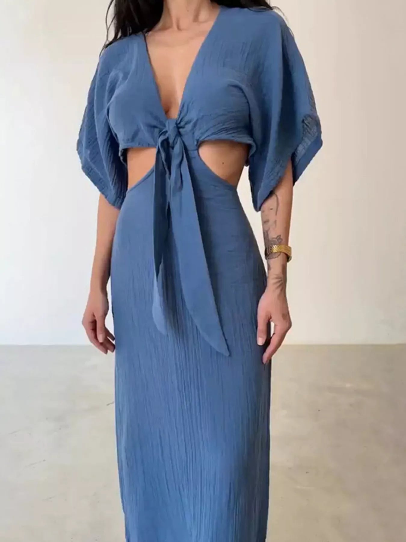 Tie Front Cutout Maxi Dress Dusty Blue