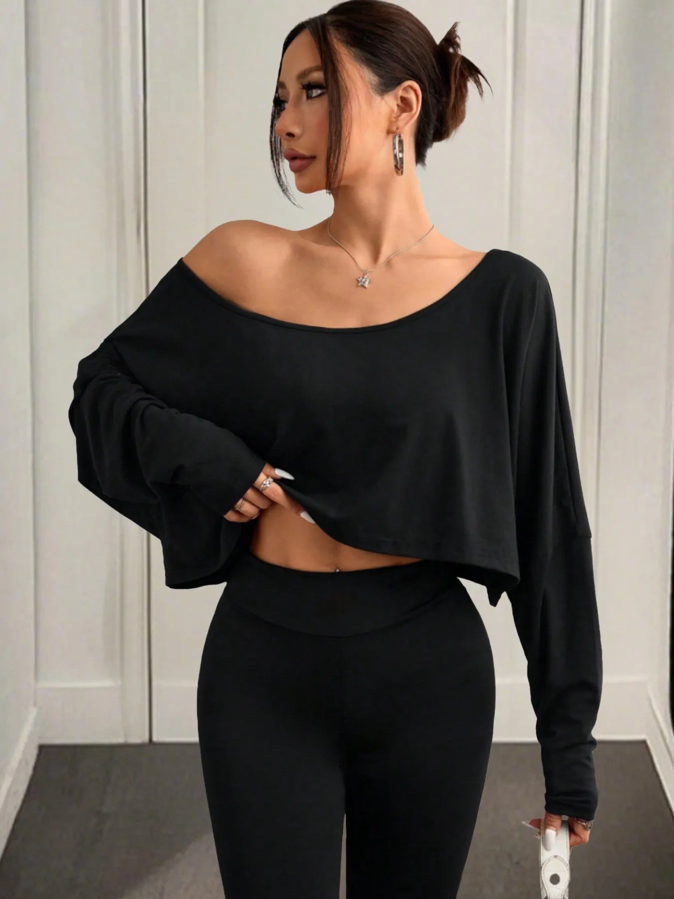 Boat Neck Long Sleeve Crop Top