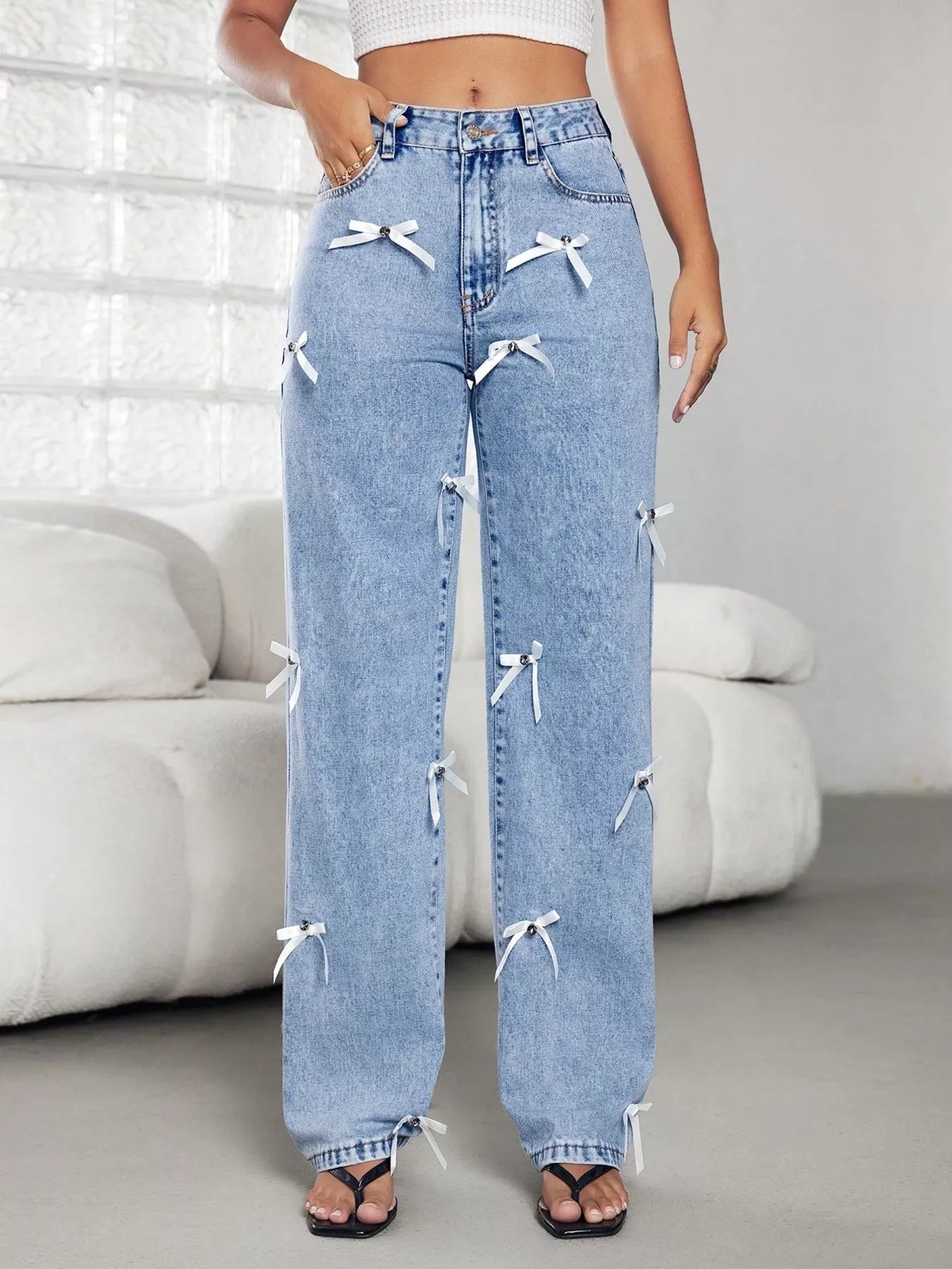 Bow Decor High Waist Wide Leg Jeans