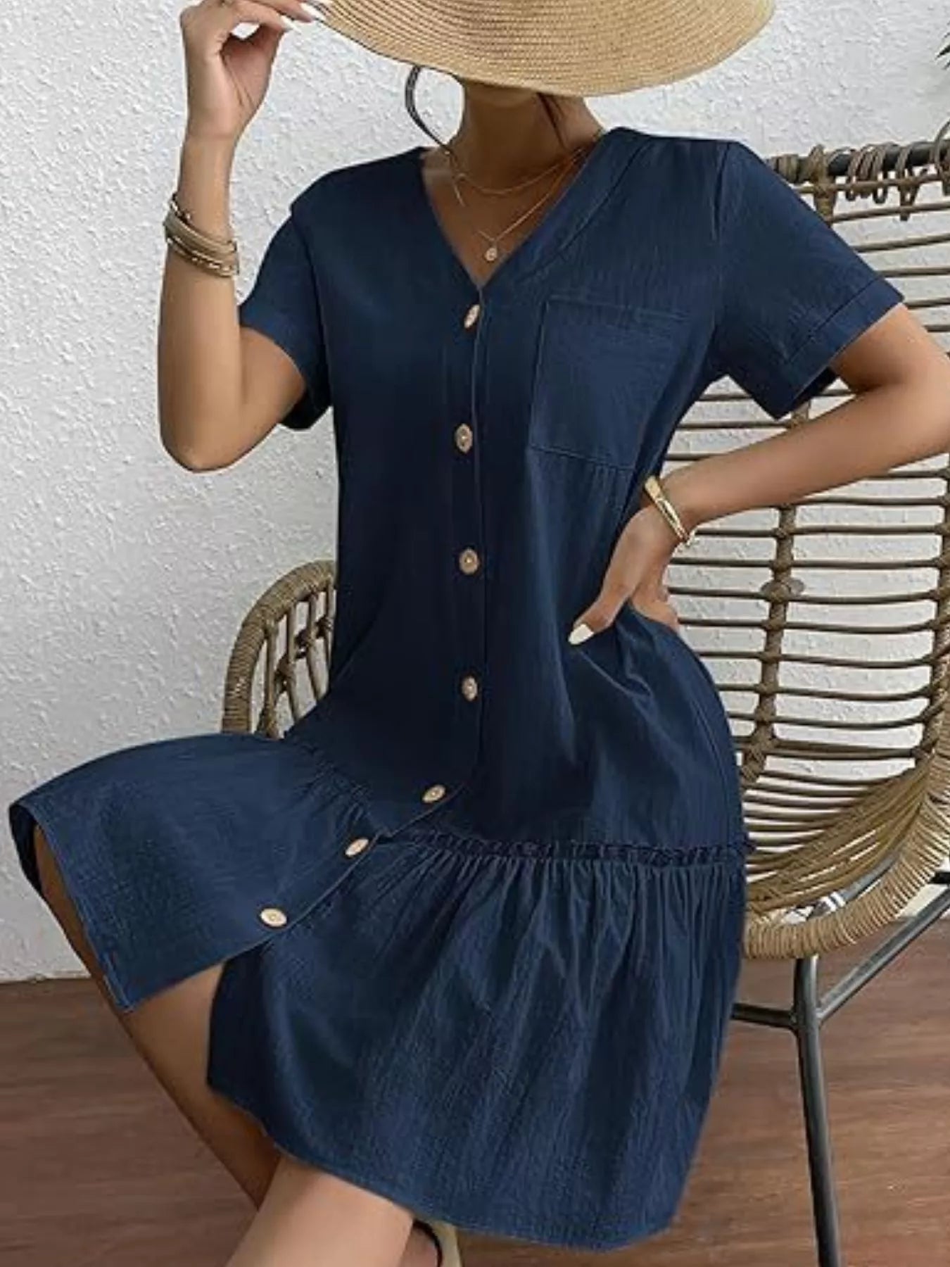 Full Size Button-Front Short Sleeve Tiered Dress Plus Size