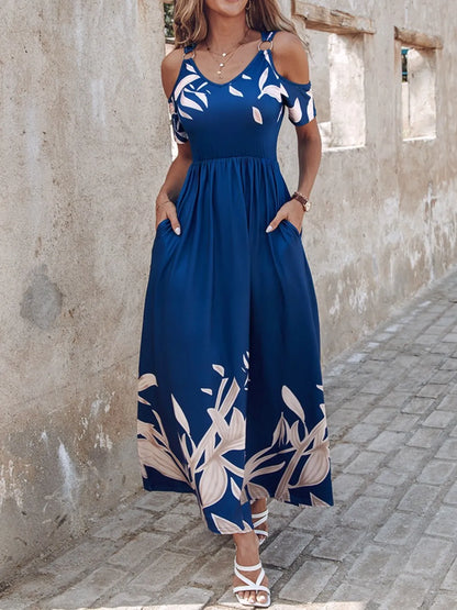 Printed Cold Shoulder Dress Peacock Blue