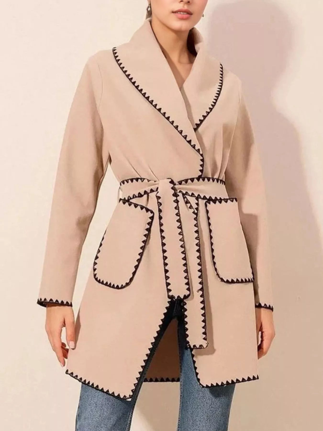 Contrast Trim Tie Waist Outerwear