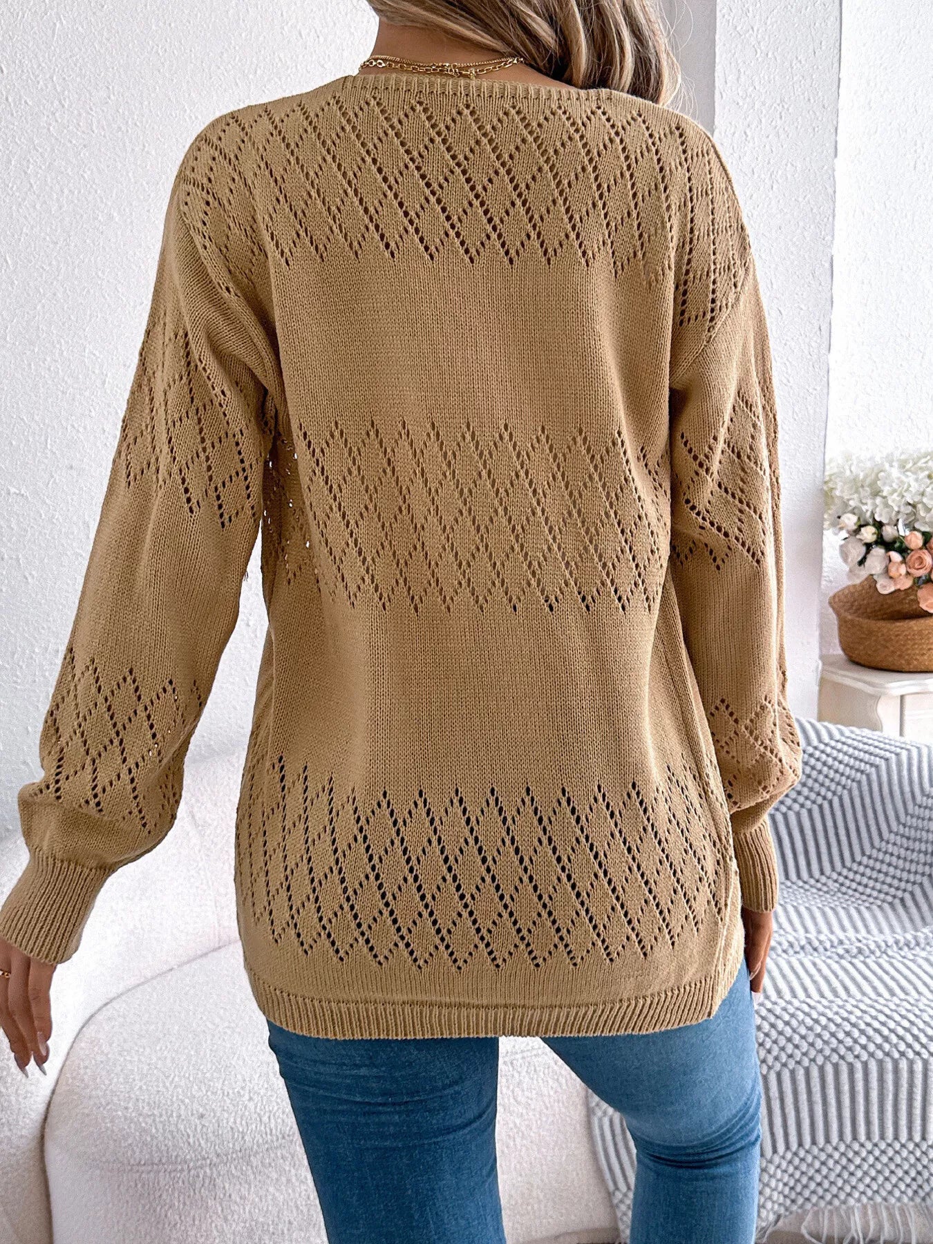 Openwork Open Front Long Sleeve Cardigan