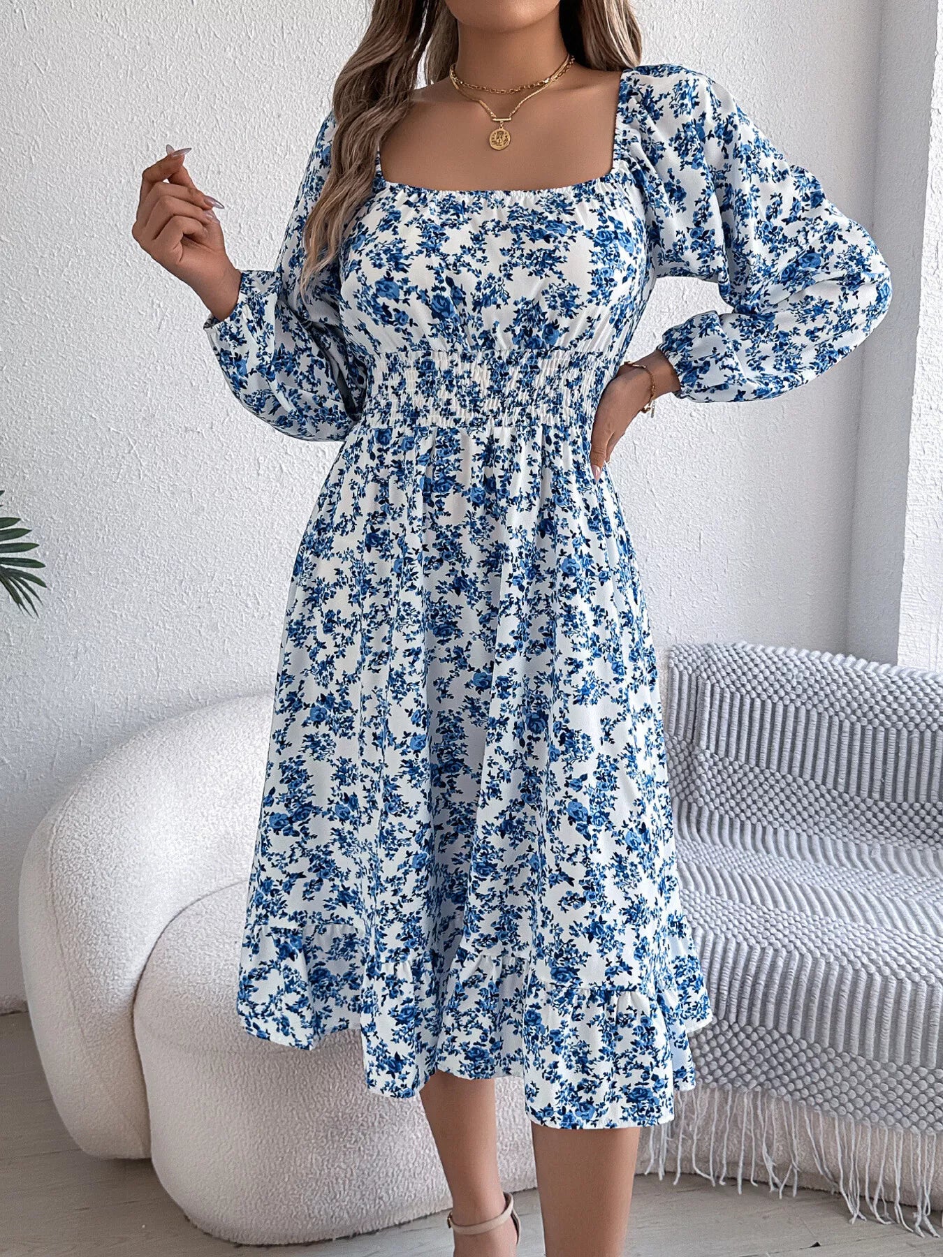 Floral Print Long Sleeve Square Neck Midi Dress