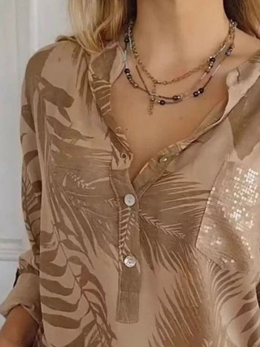 Full Size Printed Button Detail Long Sleeve Blouse Plus Size