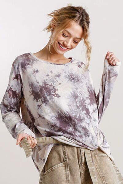 Umgee Full Size Tie Dye Front Gathered Detail Round Neck Long Sleeve T-Shirt Plus Size CREAM MOCHA