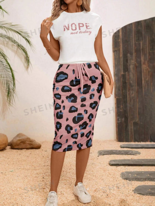 Letter Round Neck Cap Sleeve Top and Leopard Skirt Set