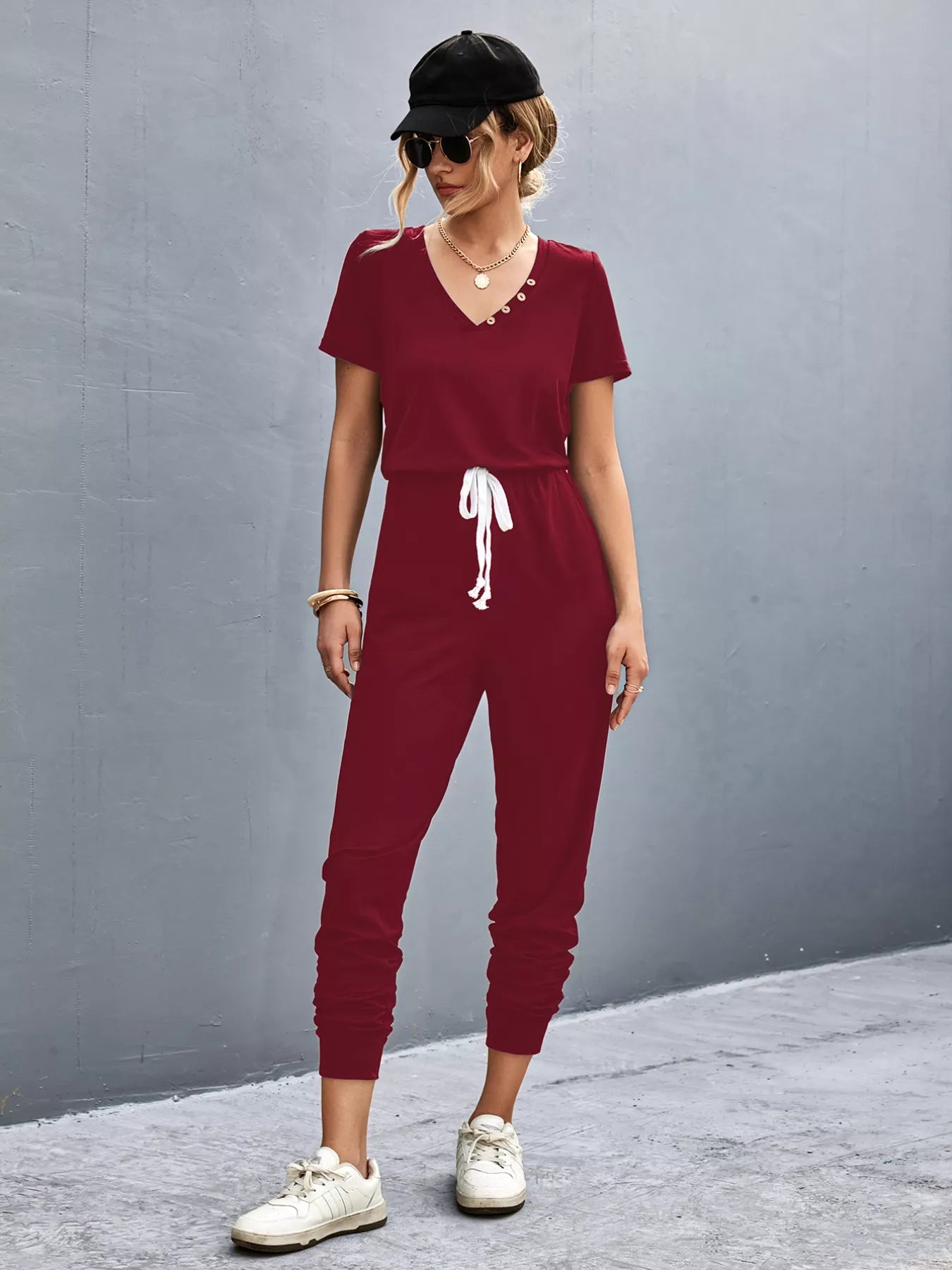 Casual V-Neck Short Sleeve Drawstring Waist Jumpsuit