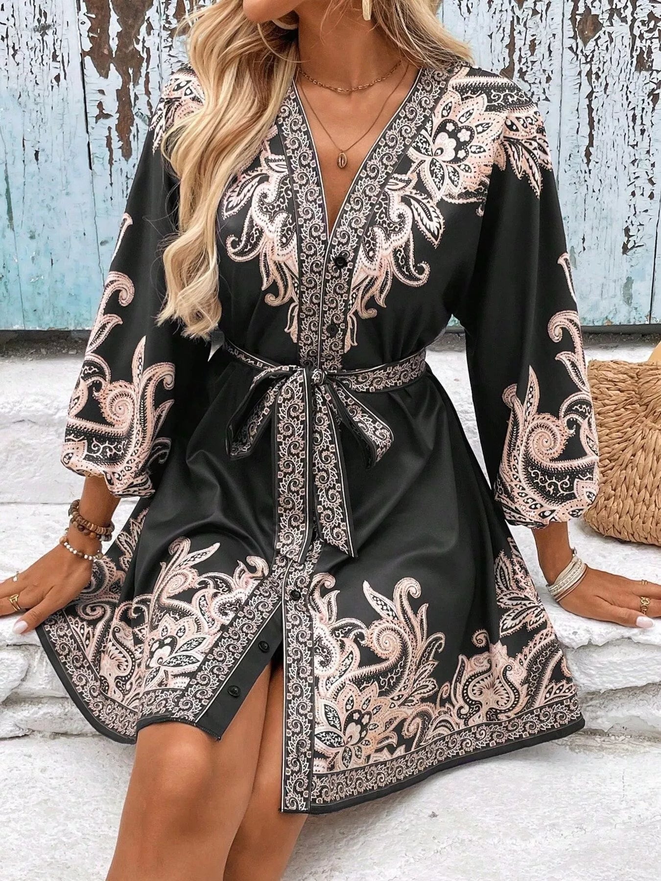 Printed Balloon Sleeve Mini Dress