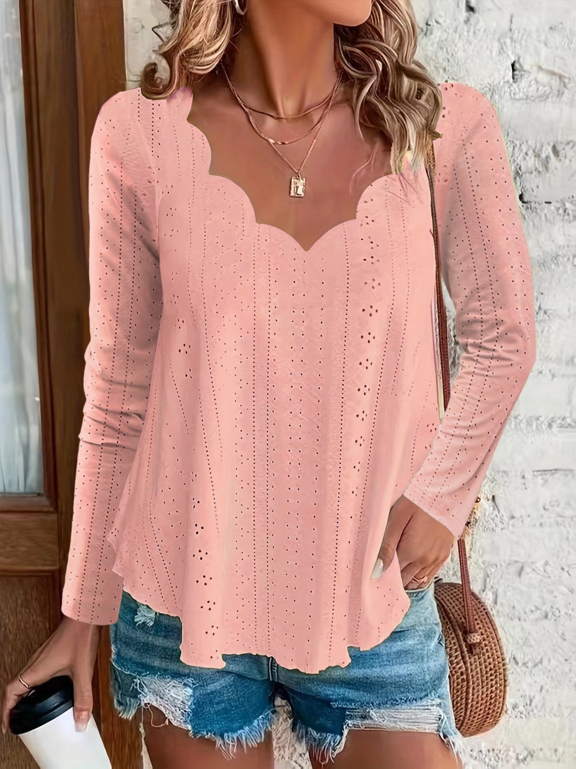 Eyelet Long Sleeve Blouse Watermelon pink