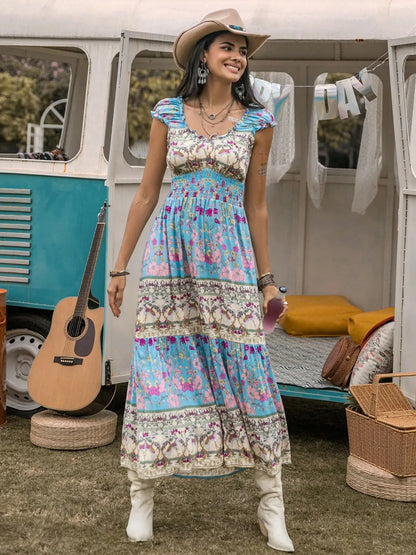 Frill Printed Cap Sleeve Dress Light Blue