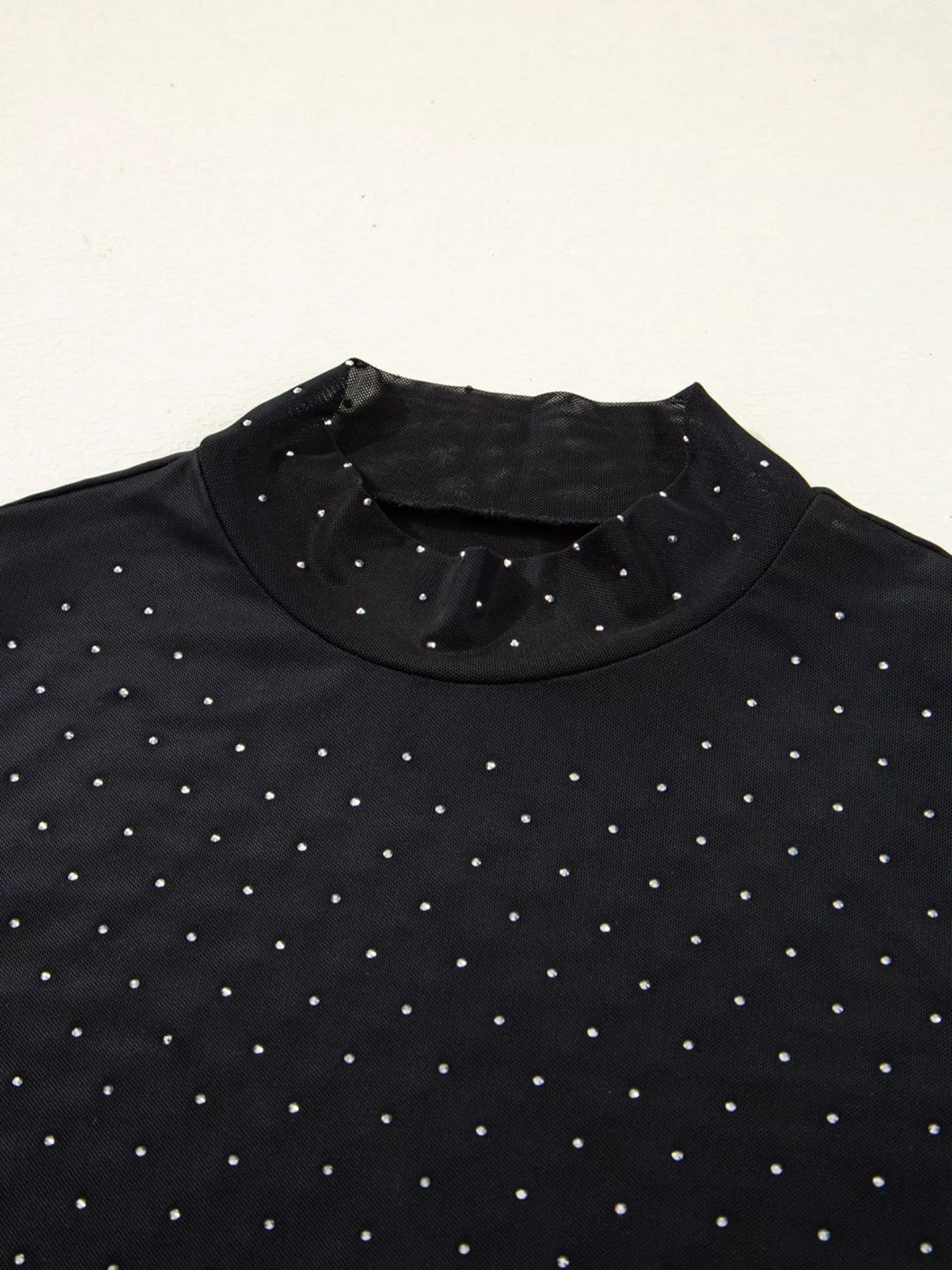 Rhinestone Embellished Mesh Long Sleeve Top