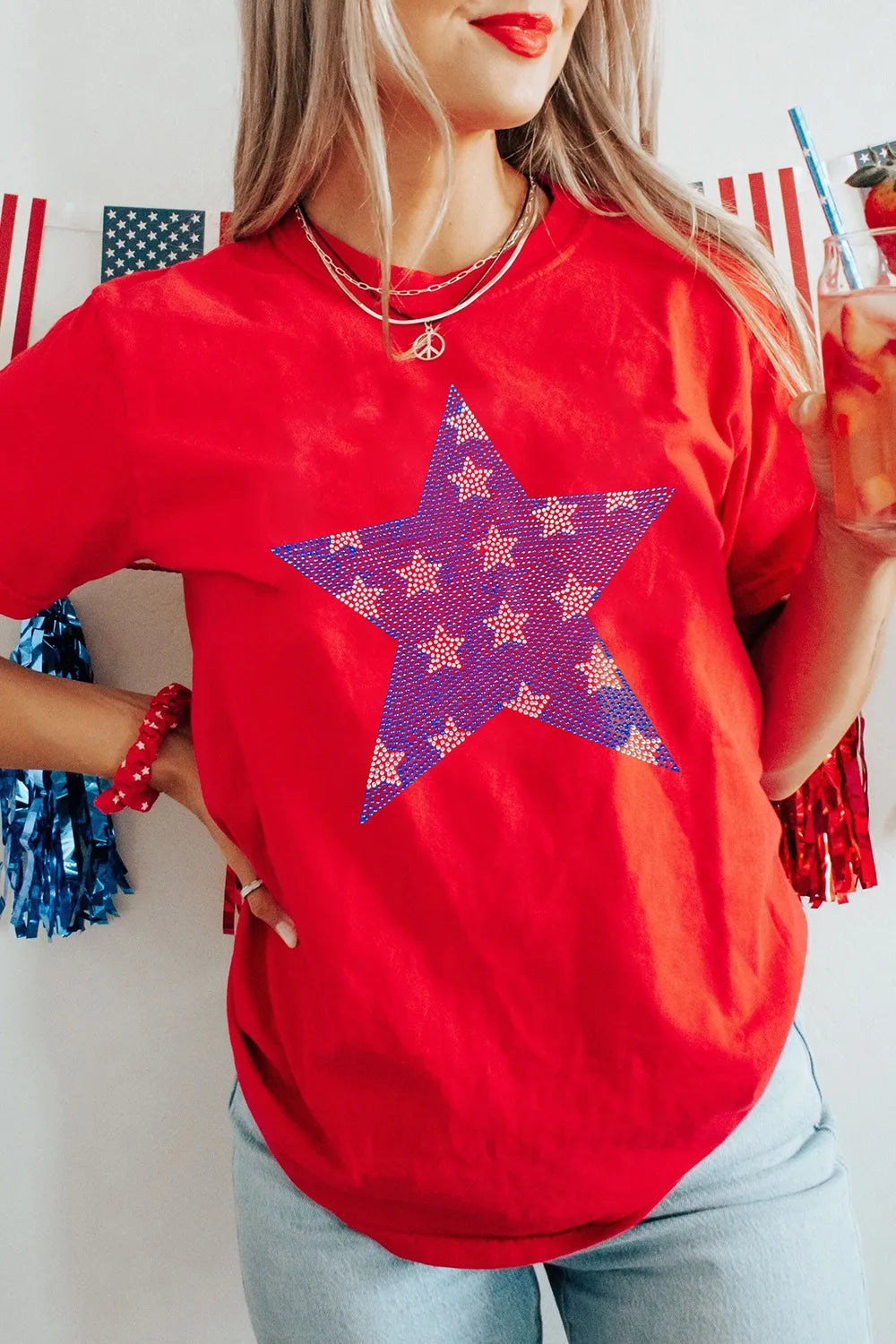 Patriotic Star Round Neck T-Shirt