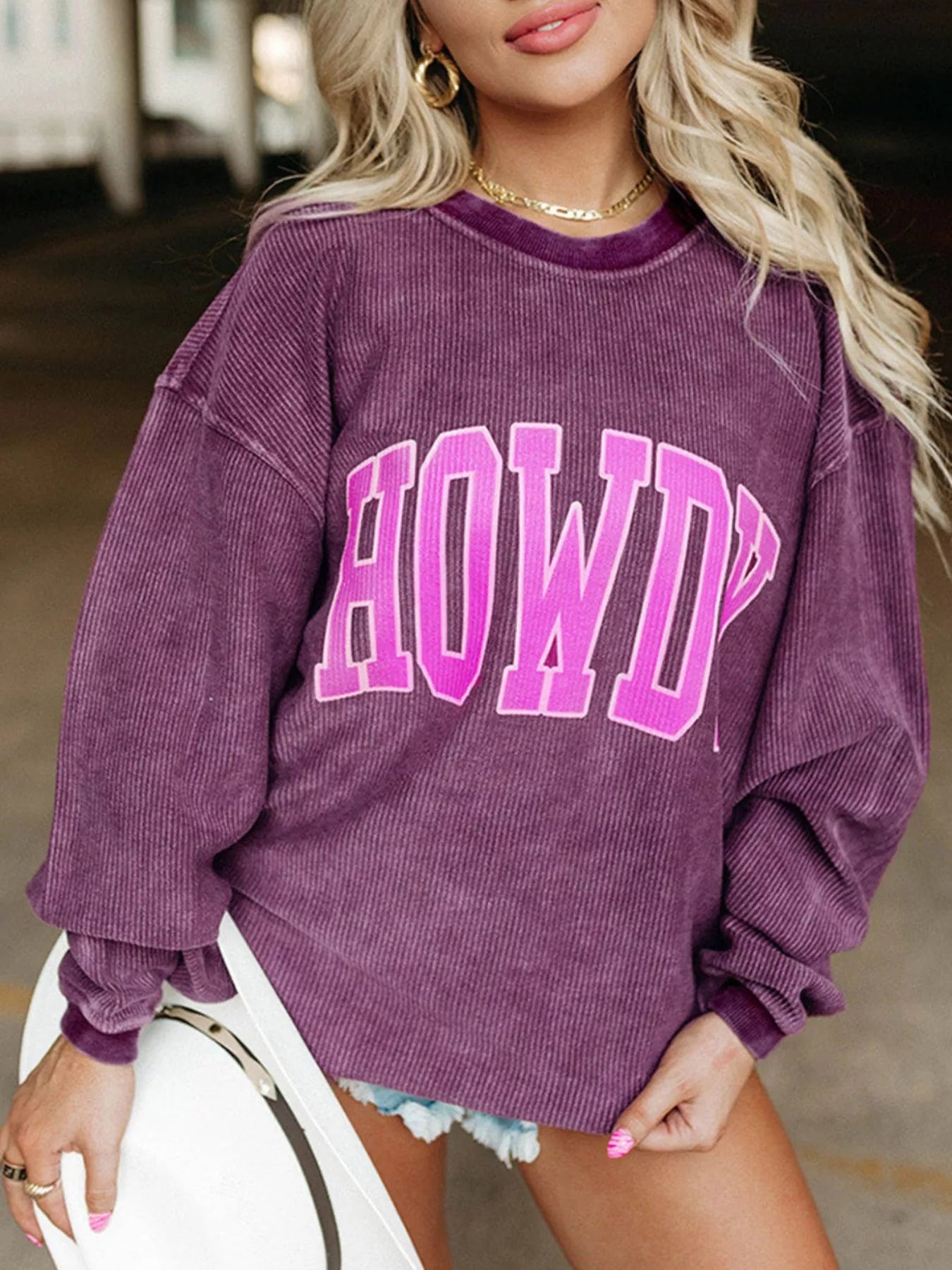 Full Size Howdy Round Neck Oversized Sweatshirt Plus Size Purple