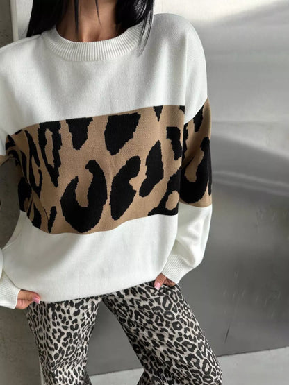 Leopard Color Block Round Neck Sweater White