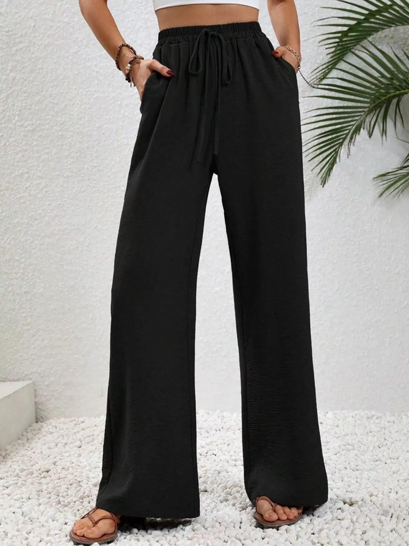 Casual Drawstring Wide Leg Pants Black