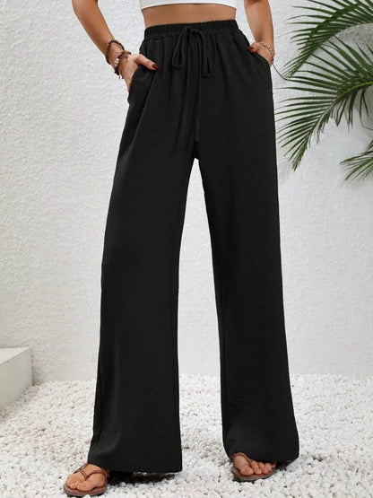 Casual Drawstring Wide Leg Pants Black
